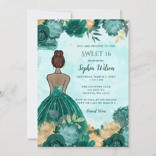 Invitation Turquoise Turquoise Or Floral Princess Sweet 16 (Devant)
