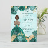 Invitation Turquoise Turquoise Or Floral Princess Sweet 16 (Debout devant)