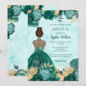 Invitation Turquoise Turquoise Or Floral Princess Sweet 16 (Devant / Derrière)