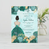 Invitation Turquoise Turquoise Or Floral Princess Sweet 16 (Debout devant)
