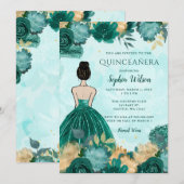 Invitation Turquoise Turquoise Or Floral Princesse Quinceañer (Devant / Derrière)
