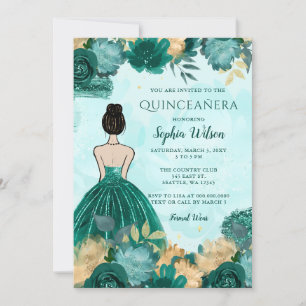 Invitation Turquoise Turquoise Or Floral Princesse Quinceañer