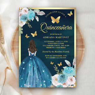 Invitation Turquoise Turquoise papillon floral Or Quinceanera