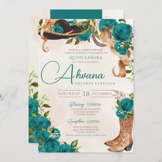 Invitation Turquoise Turquoise Quinceanera Charro Rose occide (Devant / Derrière)