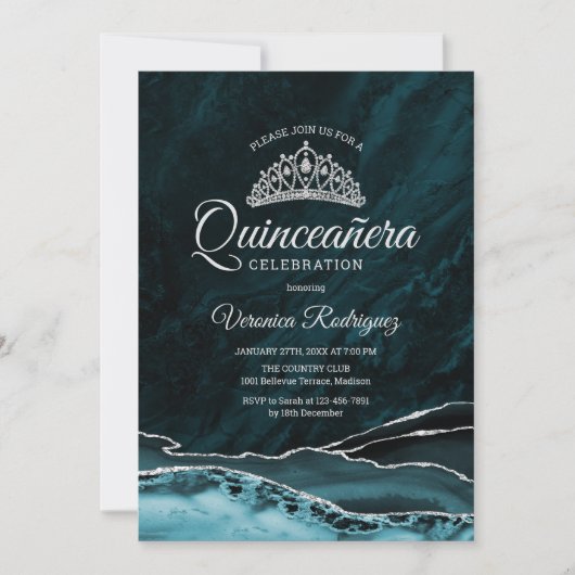 Invitation Turquoise Turquoise Silver Quinceanera Agate Marbr (Devant)