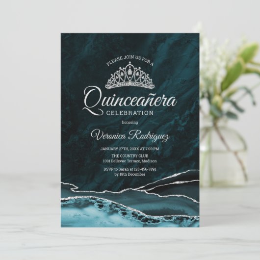 Invitation Turquoise Turquoise Silver Quinceanera Agate Marbr (Debout devant)