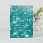 Invitation Turquoise Turquoise String Lights Bokeh Sweet 16 (Debout devant)