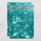 Invitation Turquoise Turquoise String Lights Bokeh Sweet 16 (Devant / Derrière)