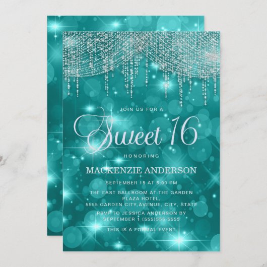 Invitation Turquoise Turquoise String Lights Bokeh Sweet 16 (Devant / Derrière)