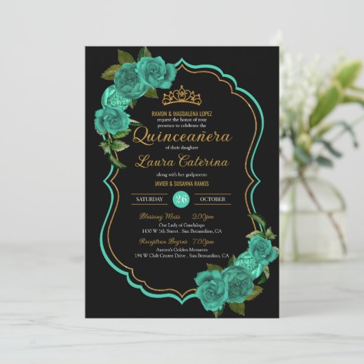 Invitation Turquoise Turquoise Vert Rose Or Elegant Quinceañe (Debout devant)