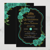 Invitation Turquoise Turquoise Vert Rose Or Elegant Quinceañe (Devant / Derrière)
