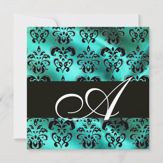 INVITATION TURQUOISE VERD SOIE DAMASSÉE MONOGRAMME (Devant)