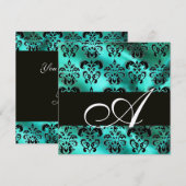 INVITATION TURQUOISE VERD SOIE DAMASSÉE MONOGRAMME (Devant / Derrière)
