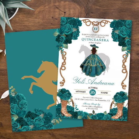 Invitation Turquoise Vert Bleu Roses Charro Vestidos Quinceañ