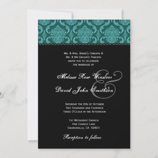 Invitation Turquoise vert Damas et noir Mariage Ver2 (Devant)