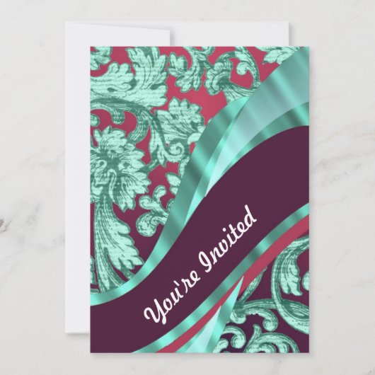 Invitation Turquoise vert & damas magenta (Devant)