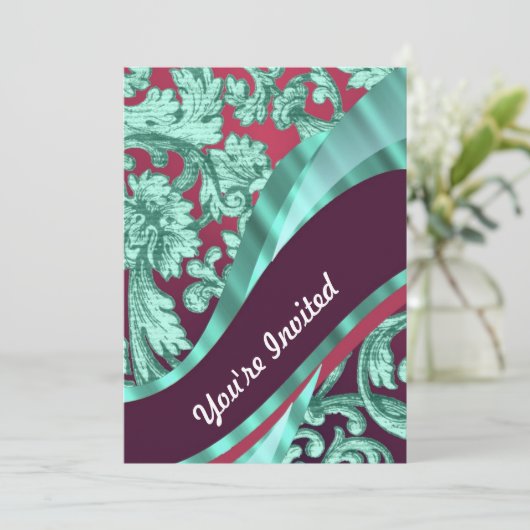 Invitation Turquoise vert & damas magenta (Debout devant)