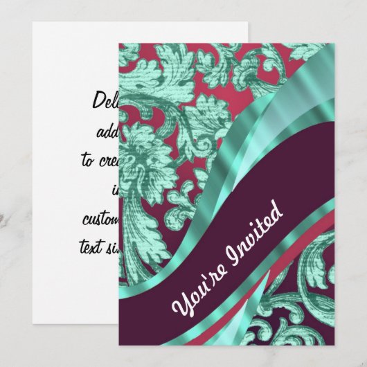 Invitation Turquoise vert & damas magenta (Devant / Derrière)