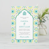 Invitation Turquoise vert en mosaïque persane QR Code Mariage (Debout devant)