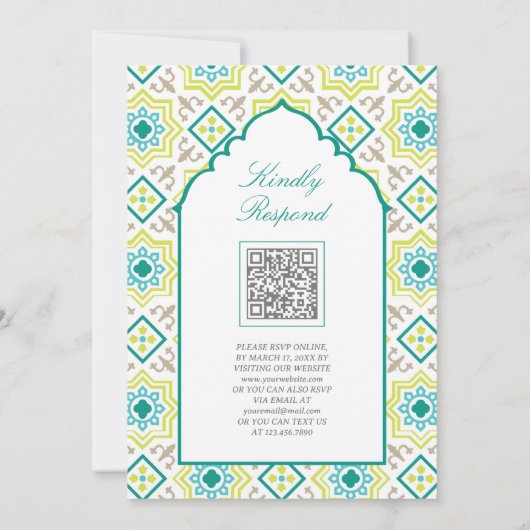 Invitation Turquoise vert en mosaïque persane QR Code Mariage (Dos)