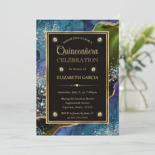 Invitation Turquoise, vert et or Parties scintillant Agate Qu (Debout devant)