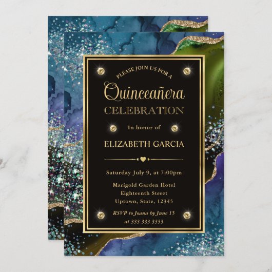 Invitation Turquoise, vert et or Parties scintillant Agate Qu (Devant / Derrière)