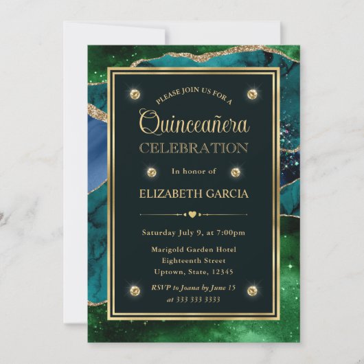 Invitation Turquoise, vert et or Parties scintillant Agate Qu (Devant)