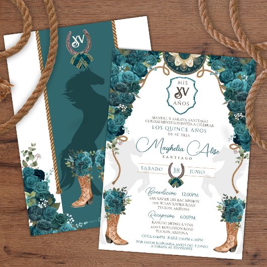 Invitation Turquoise Vert Floral Ouest Charro Quinceañera