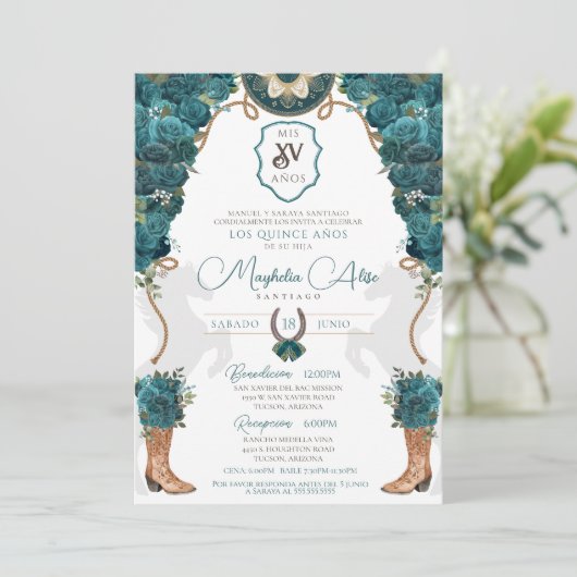 Invitation Turquoise Vert Floral Ouest Charro Quinceañera (Debout devant)