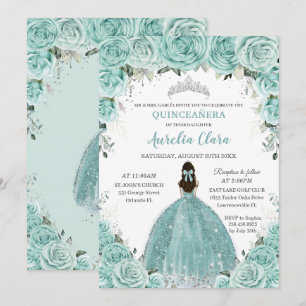 Invitation Turquoise Vert Floral Princesse Argent Quinceañera