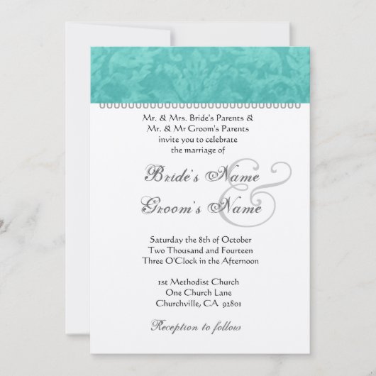Invitation Turquoise vert Mariage Damask Champagne Papier mét (Devant)