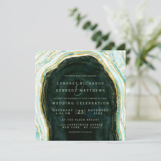 Invitation Turquoise Vert & Or Agate Marble Rock Mariage Carr (Debout devant)