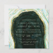 Invitation Turquoise Vert & Or Agate Marble Rock Mariage Carr (Devant)