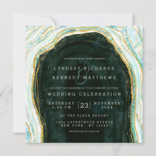 Invitation Turquoise Vert & Or Agate Marble Rock Mariage Carr (Devant)