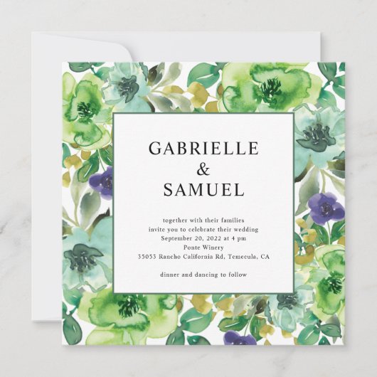 Invitation Turquoise vert pourpre Aquarelle moderne Floral (Devant)