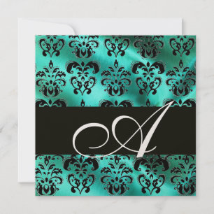 Invitation TURQUOISE VERT SOIE DAMASSÉE MONOGRAMME ,Or
