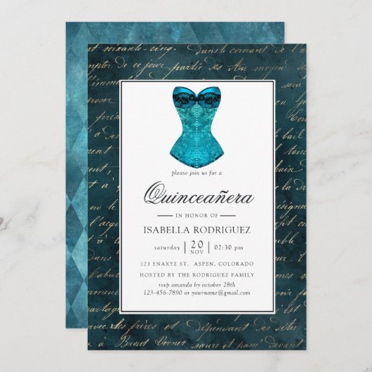 Invitation Turquoise vintage - Masquerade Turquoise Quinceañe (Devant / Derrière)