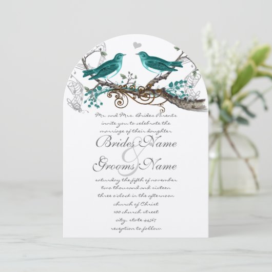 Invitation Turquoise Vintage Oiseaux extra Turquoise Mariage (Debout devant)