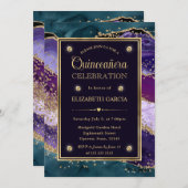 Invitation Turquoise, violet et or Parties scintillant Agate (Devant / Derrière)