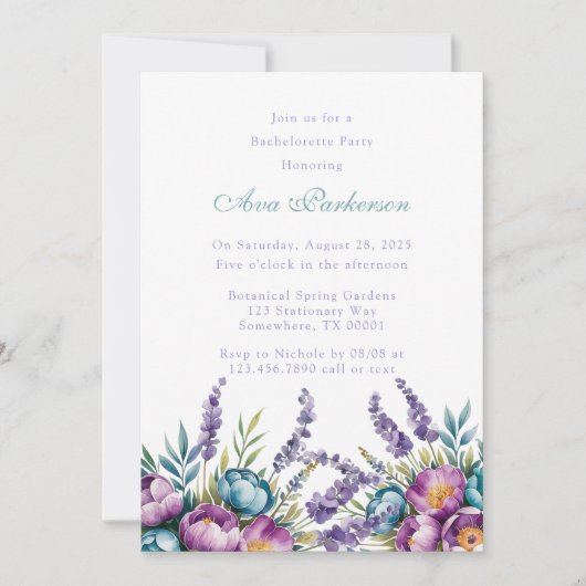 Invitation Turquoise violet Fleur sauvage Bachelorette Party (Devant)