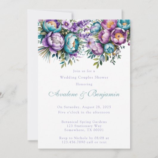 Invitation Turquoise Violet Fleurs Mariage Couples Douche (Devant)