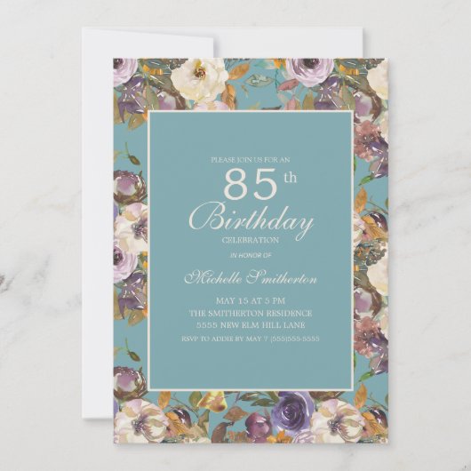 Invitation Turquoise Violet Moutarde Ivoire Floral 85e Annive (Devant)