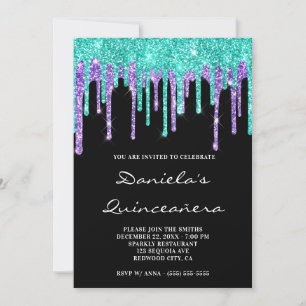 Invitation Turquoise Violet Paillettes Gouttes Noire Quinceañ