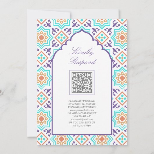 Invitation Turquoise violet perse mosaïque QR Code Mariage mu (Dos)