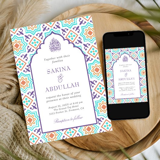Invitation Turquoise violet perse mosaïque QR Code Mariage mu