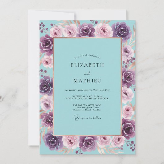 Invitation Turquoise Violet Ranunculus Sage Mariage (Devant)