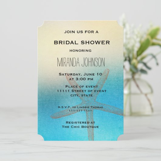 Invitation Turquoise White Aqua Blue Starfish Fête des mariée (Debout devant)
