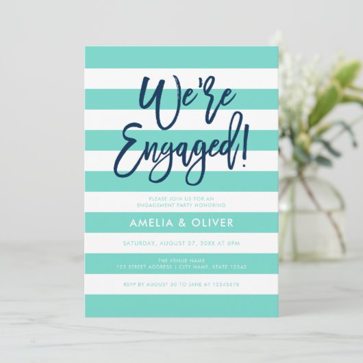 Invitation Turquoise White Stripes Blue Engagement Party (Debout devant)