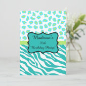 Invitation Turquoise White Zebra Leopard 70e anniversaire (Debout devant)