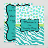 Invitation Turquoise White Zebra Leopard 70e anniversaire (Devant / Derrière)